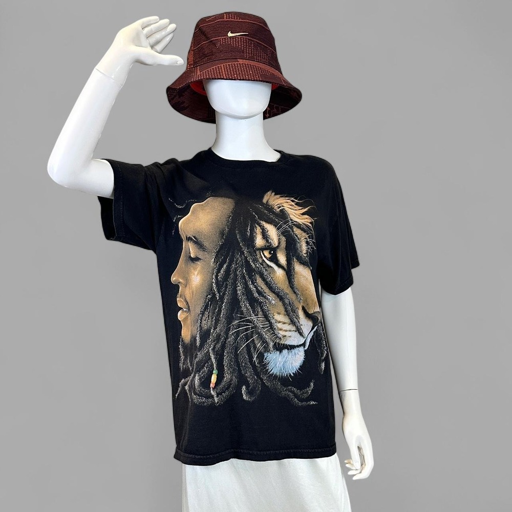 Bob Marley Lion Graphic T-Shirt Black Reggae Rasta Music Tee Streetwear AOP